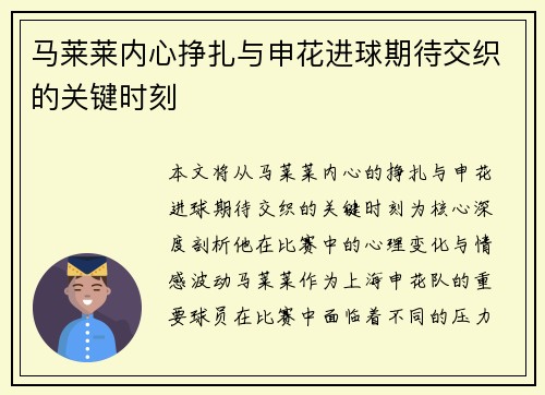 马莱莱内心挣扎与申花进球期待交织的关键时刻