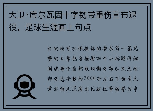 大卫·席尔瓦因十字韧带重伤宣布退役,足球生涯画上句点 大卫·席尔瓦因十字韧带重伤宣布退役,足球生涯画上句点