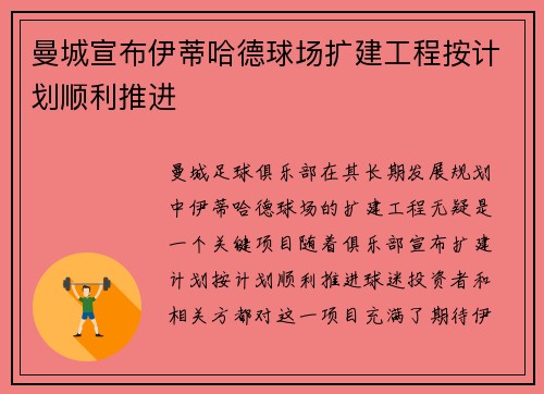 曼城宣布伊蒂哈德球场扩建工程按计划顺利推进 曼城宣布伊蒂哈德球场扩建工程按计划顺利推进